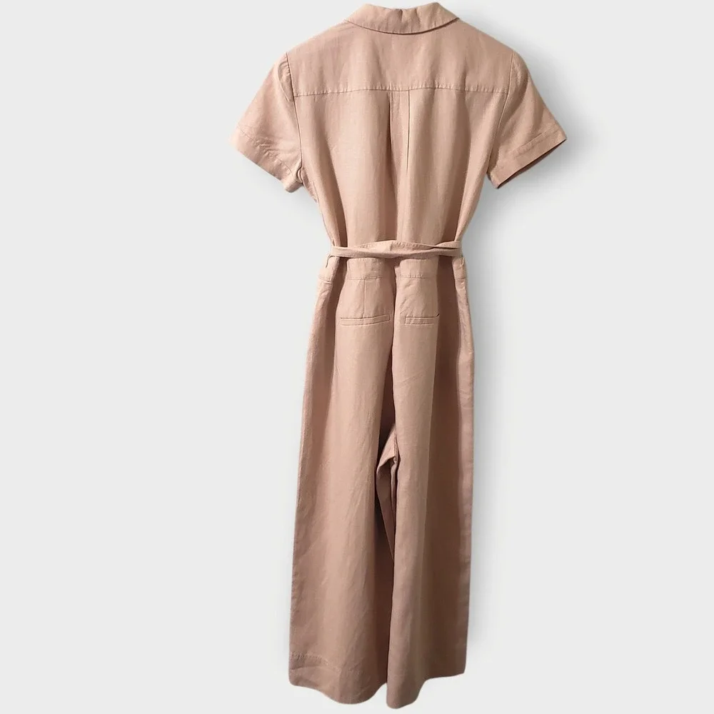 J.Crew Wide Leg Linen Blend Jumpsuit Sz 4 Belted Pleated Short Sleeve Blush Pink - Picture 4 of 16